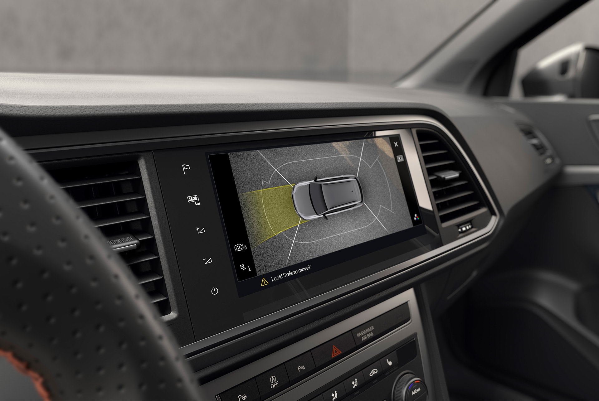 System kamer Top View w modelu CUPRA Ateca wyświetla widok z lotu ptaka, ułatwiając parkowanie w ciasnych miejscach. 