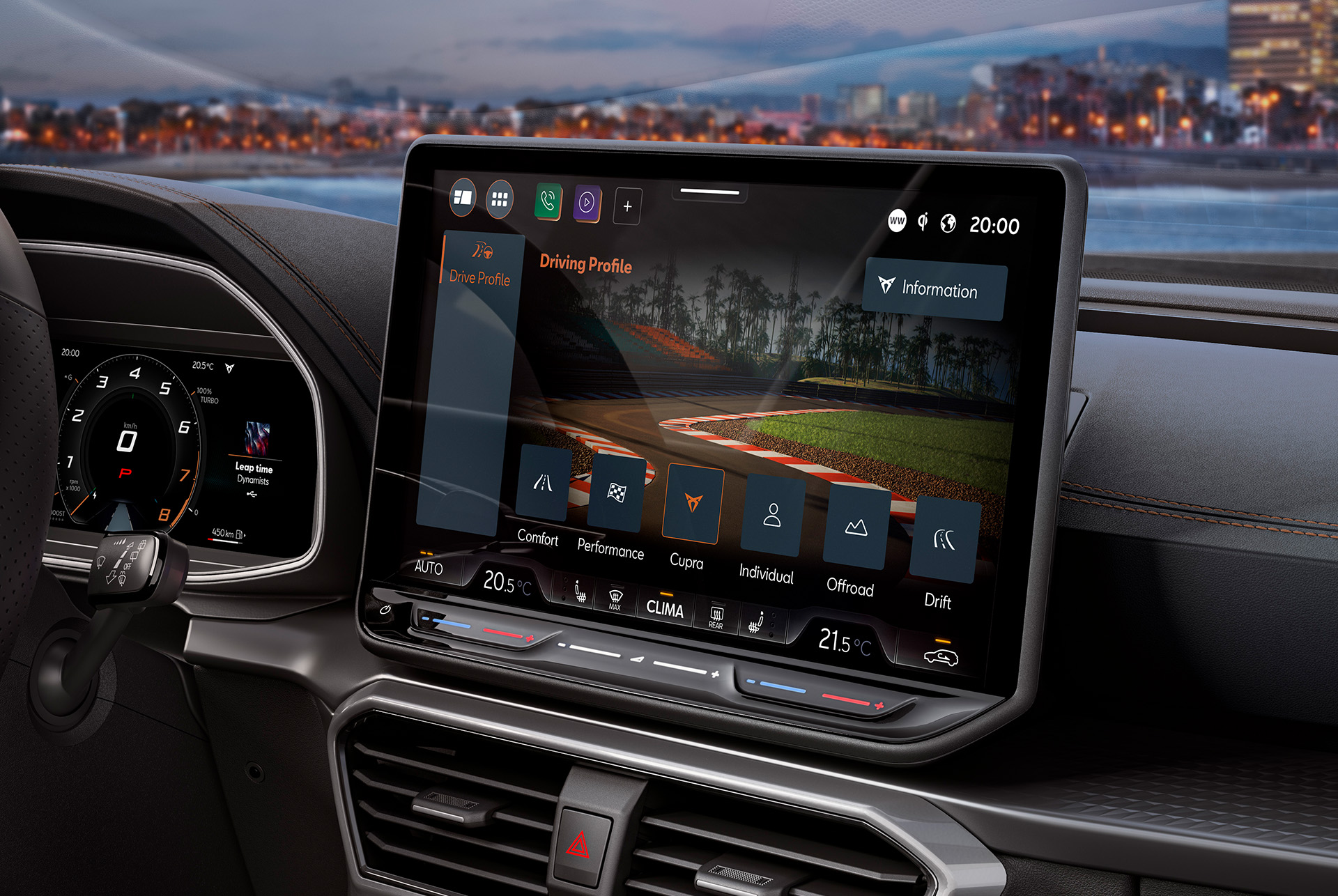 Widok deski rozdzielczej w nowej CUPRZE Formentor 2025 i panorama miasta.