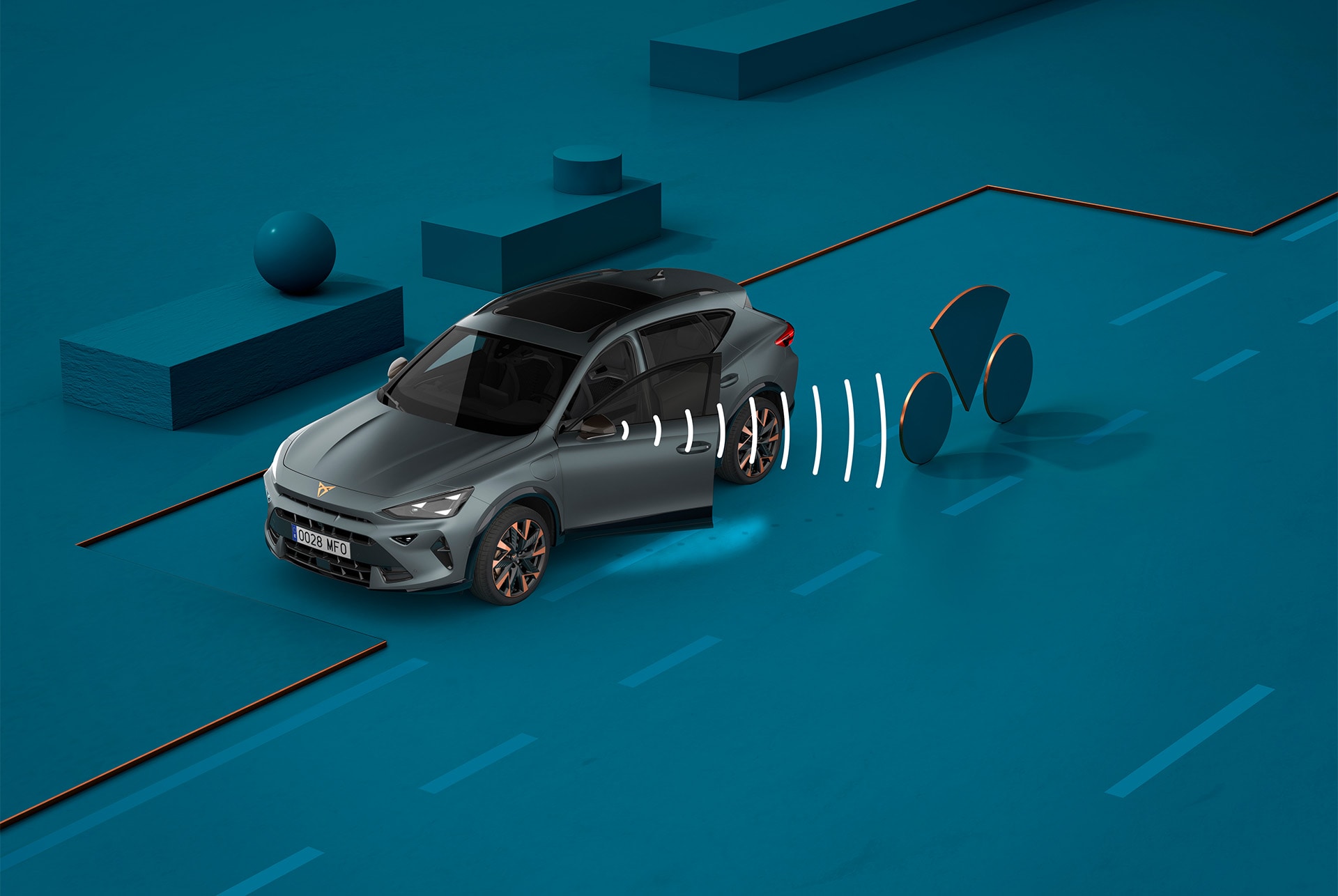 Jak korzystać z nowego systemu Side Assist w CUPRZE Formentor 2025, prezentacja wizualna działania systemu.