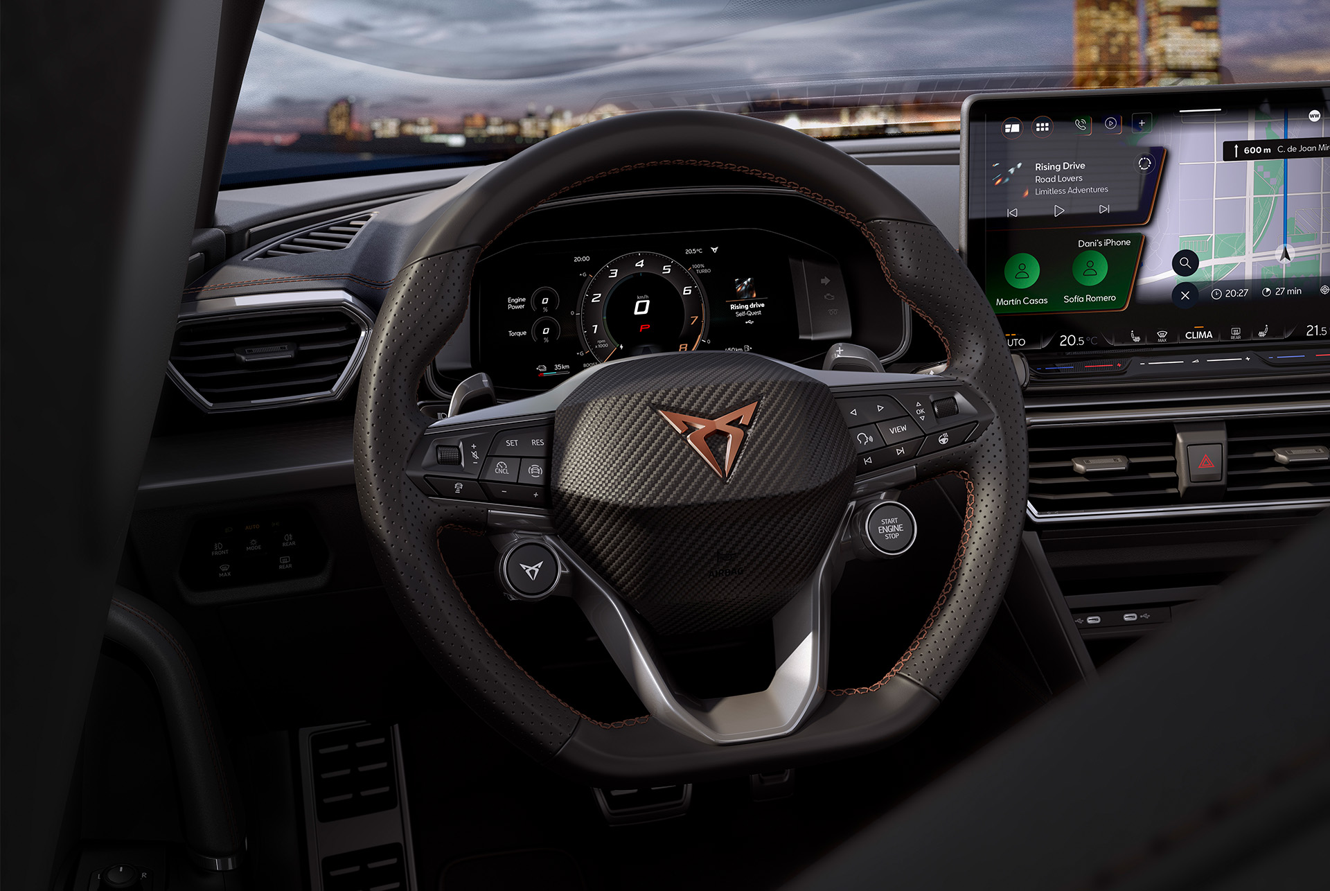 CUPRA Leon Sportstourer – wnętrze, nawiewy powietrza, deska rozdzielcza z systemem Infotainment.