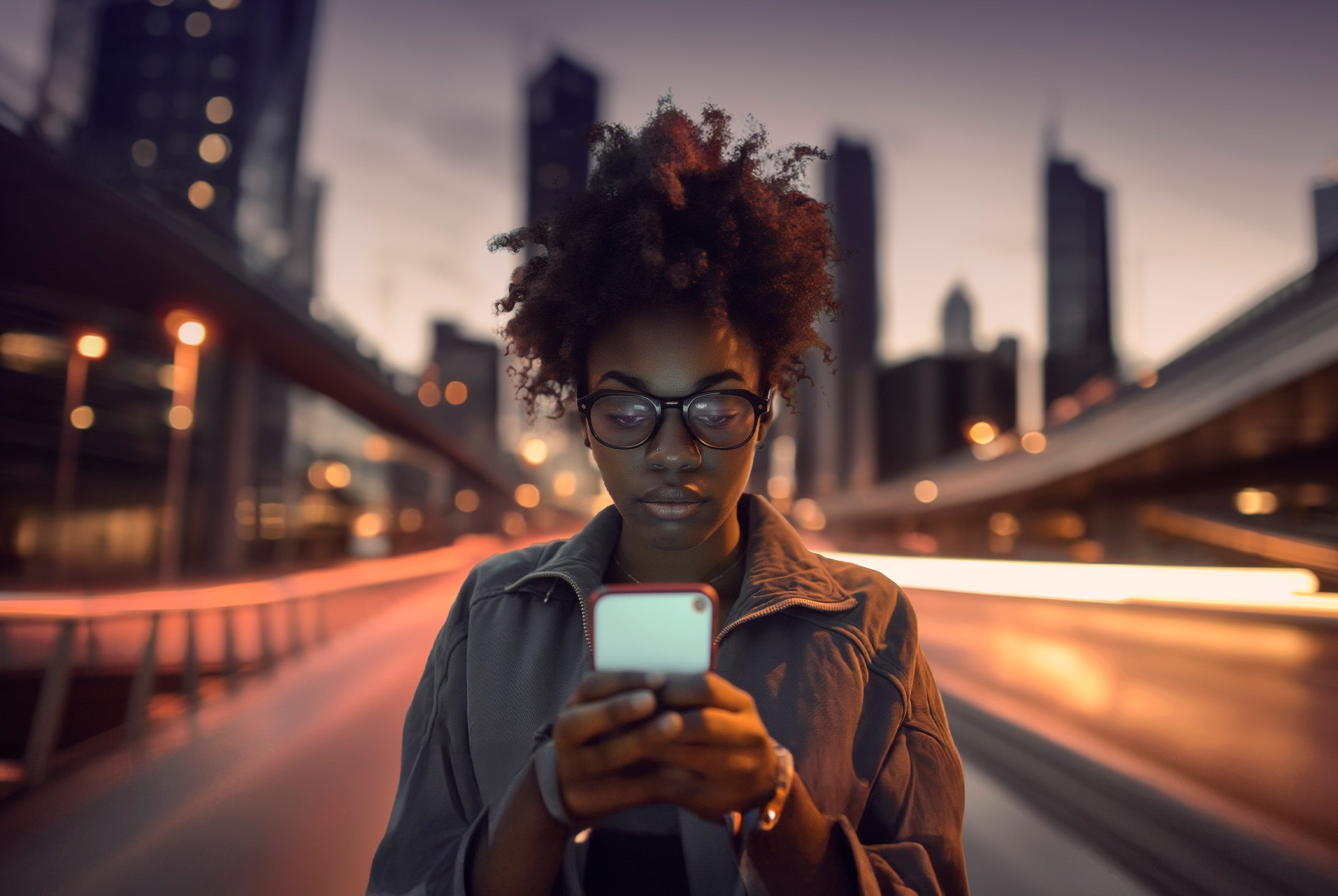 Kobieta rozmawiająca przez telefon o zachodzie słońca, korzystająca z aplikacji Cupra na swoim smartfonie, aby uzyskać dostęp do informacji o samochodzie CUPRA Leon Sportstourer.