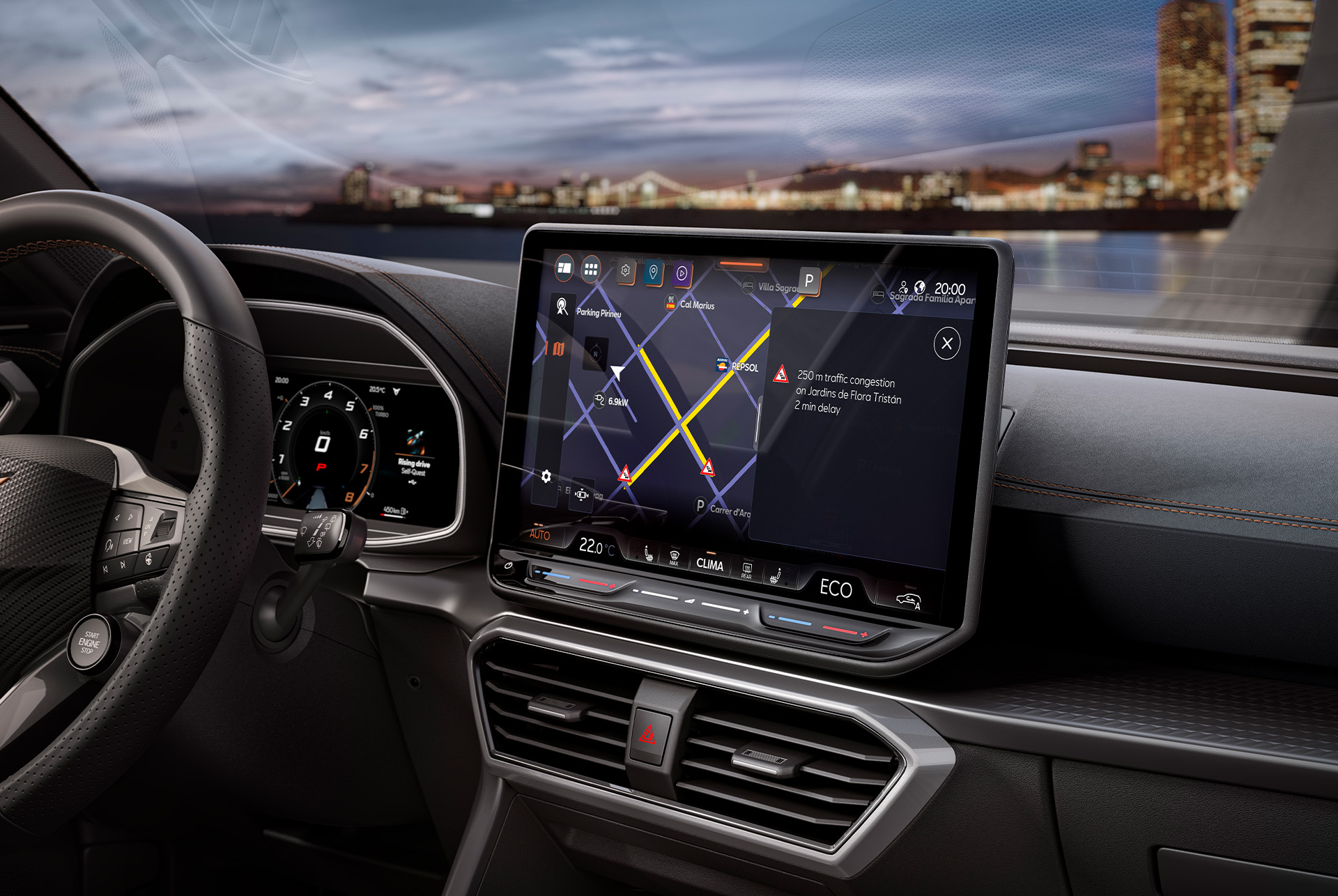 ekran informacyjno-rozrywkowy, kierownica, deska rozdzielcza i otwory wentylacyjne nowego pojazdu hybrydowego cupra leon 2024.
