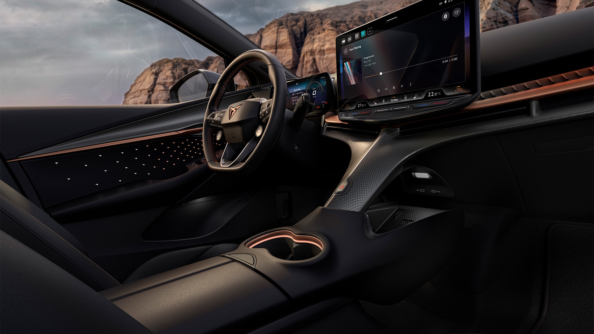 Widok na wnętrze modelu CUPRA Tavascan Black Edition, ukazujący tapicerkę oraz inne detale.