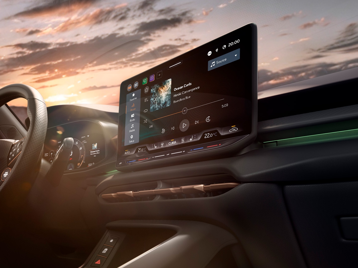 Nowe wnętrze modelu CUPRA Terramar z 12,9-calowym systemem multimedialnym, łopatkami przy kierownicy oraz deską rozdzielczą z miedzianymi akcentami.